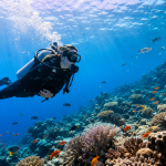 Plongeur débutant découvrant les fonds marins avec poissons colorés et eau turquoise