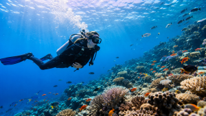 Plongeur débutant découvrant les fonds marins avec poissons colorés et eau turquoise