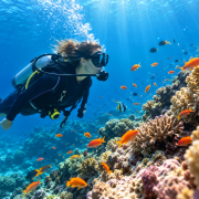 Plongeuse sous-marine explorant un récif corallien avec des poissons tropicaux