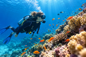 Plongeuse sous-marine explorant un récif corallien avec des poissons tropicaux